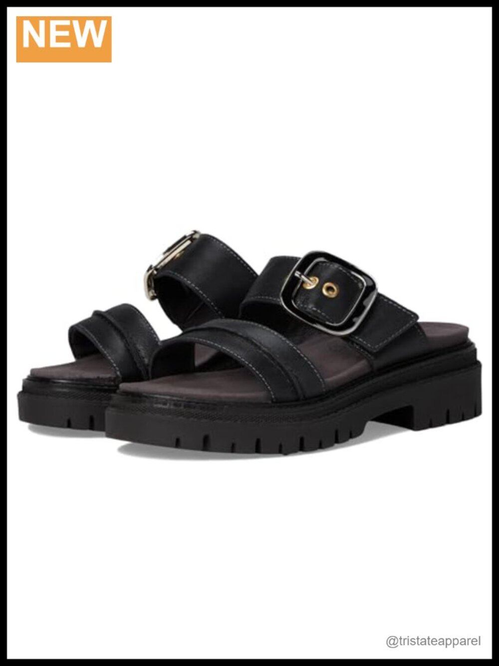 Leather Slide Sandals with Buckle Ornamentation Open Toe Block Heel